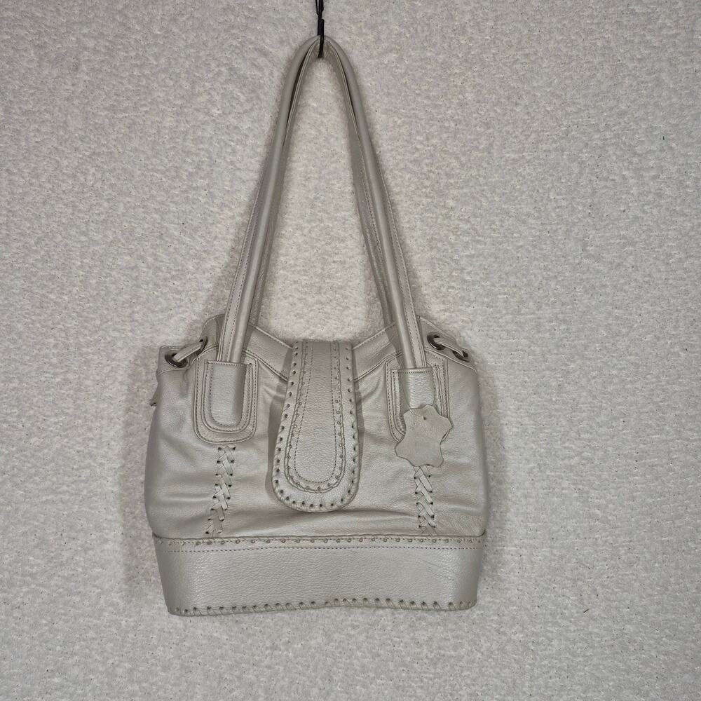 Mexican Pearl White Leather Handbag Whipstitch Detail